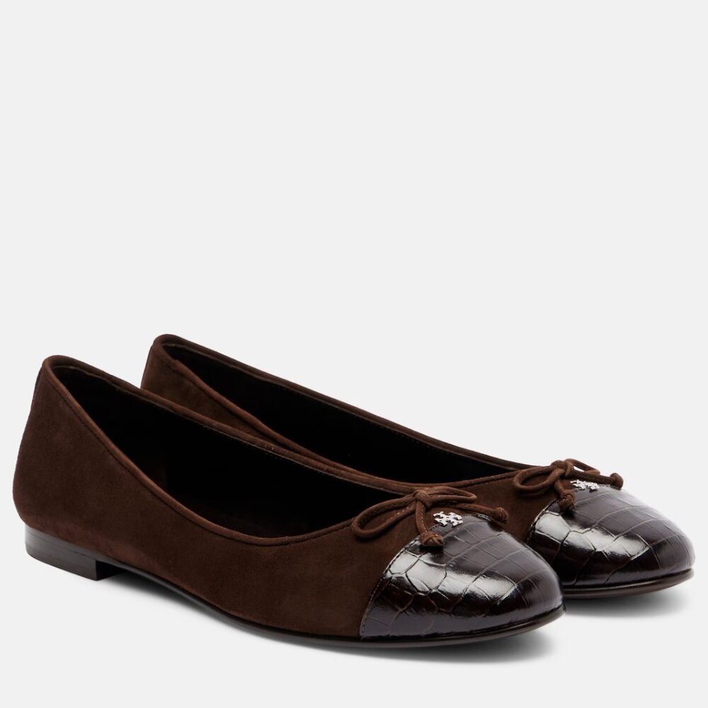 Tory Burch $300 Cap-Toe Ballet Suede/Croc Embossed Leather Dark Cocoa Sz 8 NIB!